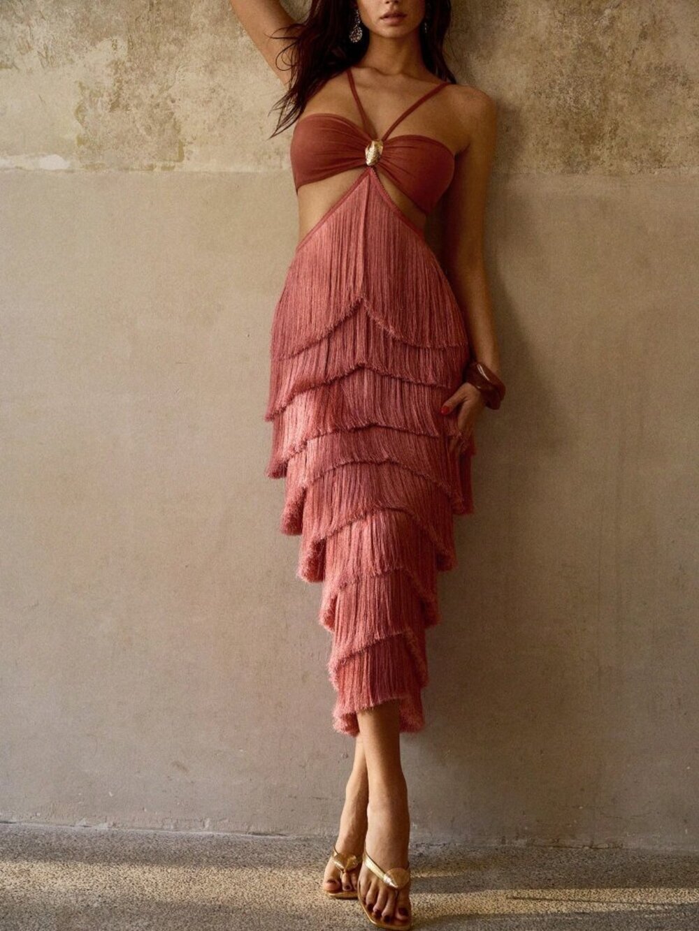 Women's Redwood Strapless Hollow Out Tassel Cover Up Dress